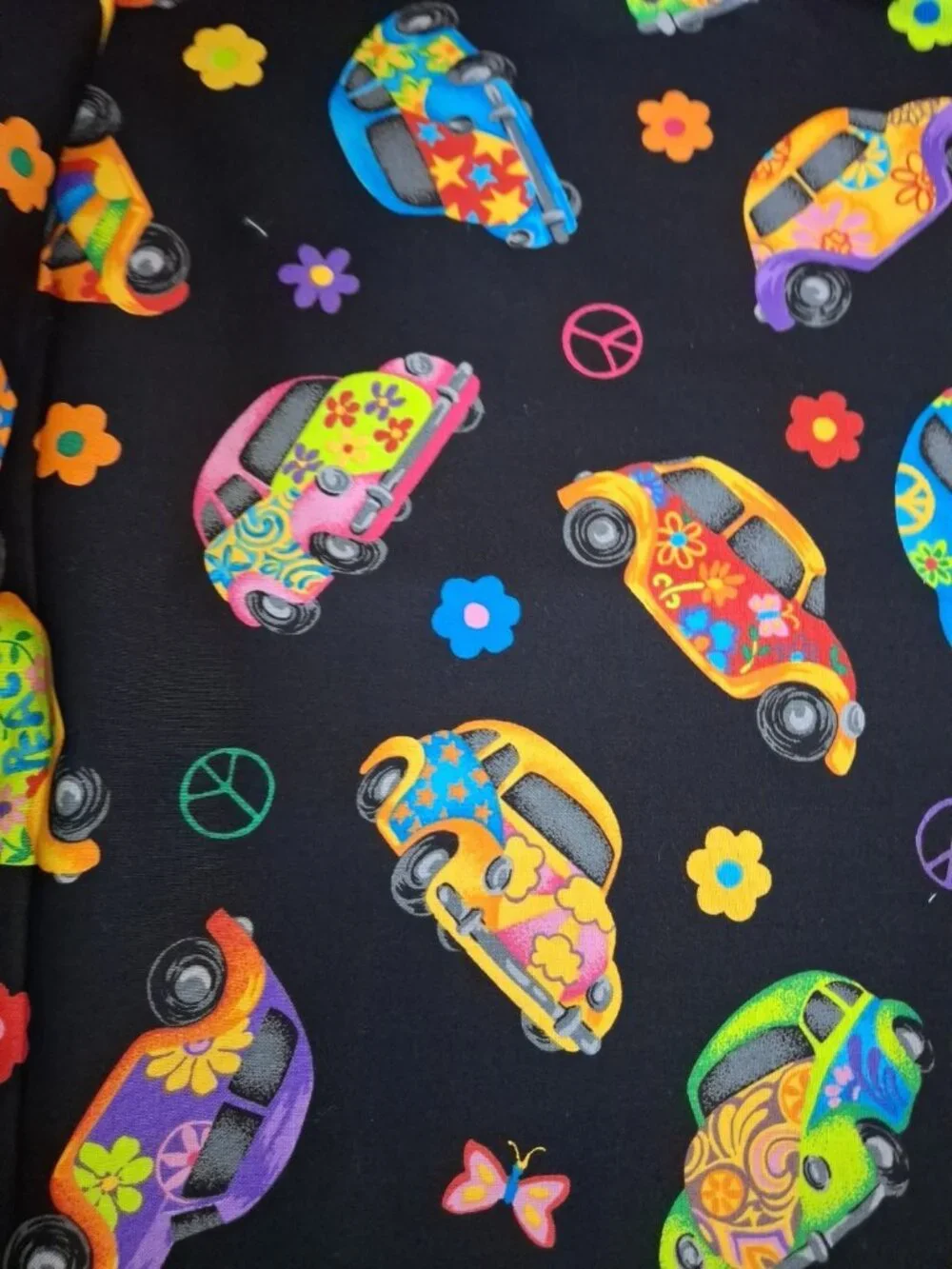 VIP Cranston Colorful Love Bugs Cars VW Beetles on Black -2.4 yards x 44